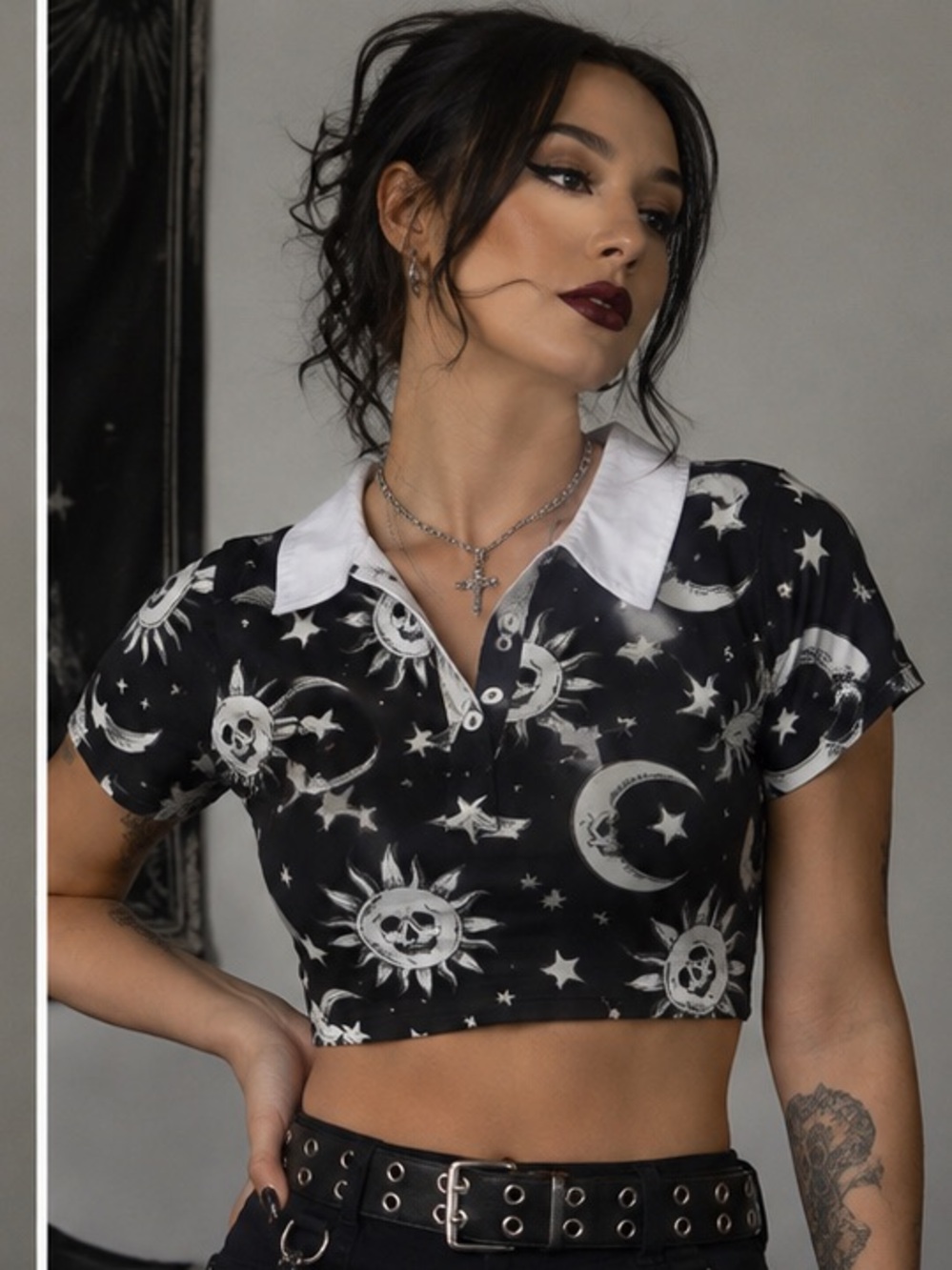 Killstar Whimsigoth Celestial Print Black & White Crop Top 🌙🖤✨